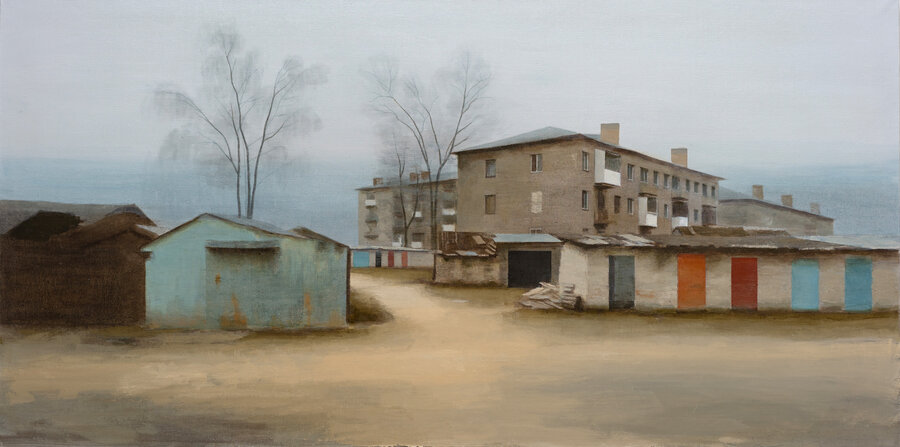 Pavel Otdelnov. Nowhere. Sheds. 2021. oil on canvas. 100x200. Private collection
