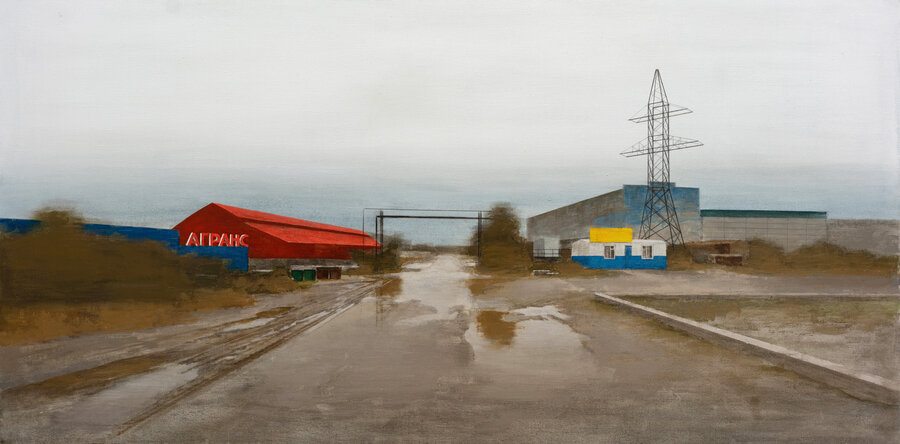 Pavel Otdelnov. Nowhere. Red barn. 2020. oil on canvas. 100x200